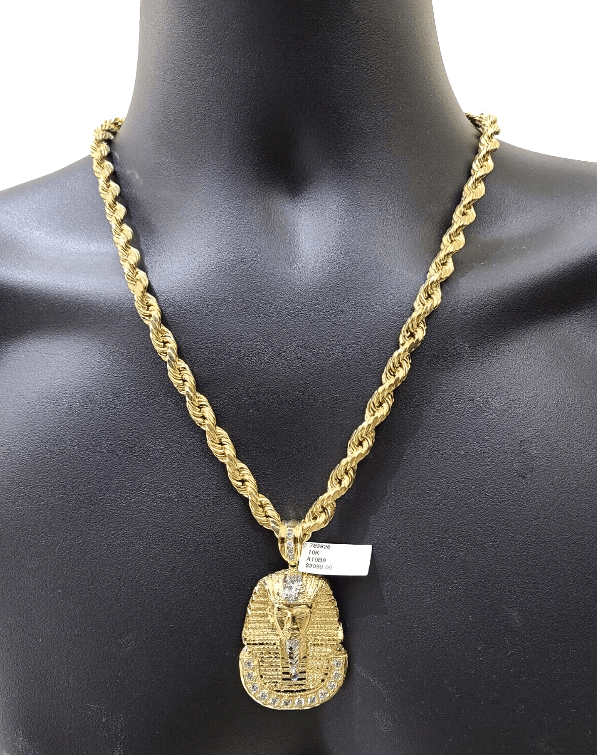 10k Gold Pharaoh Head Charm Rope Chain Necklace 8mm 24'' Set & Pendant 10kt REAL - GoldenlinQ